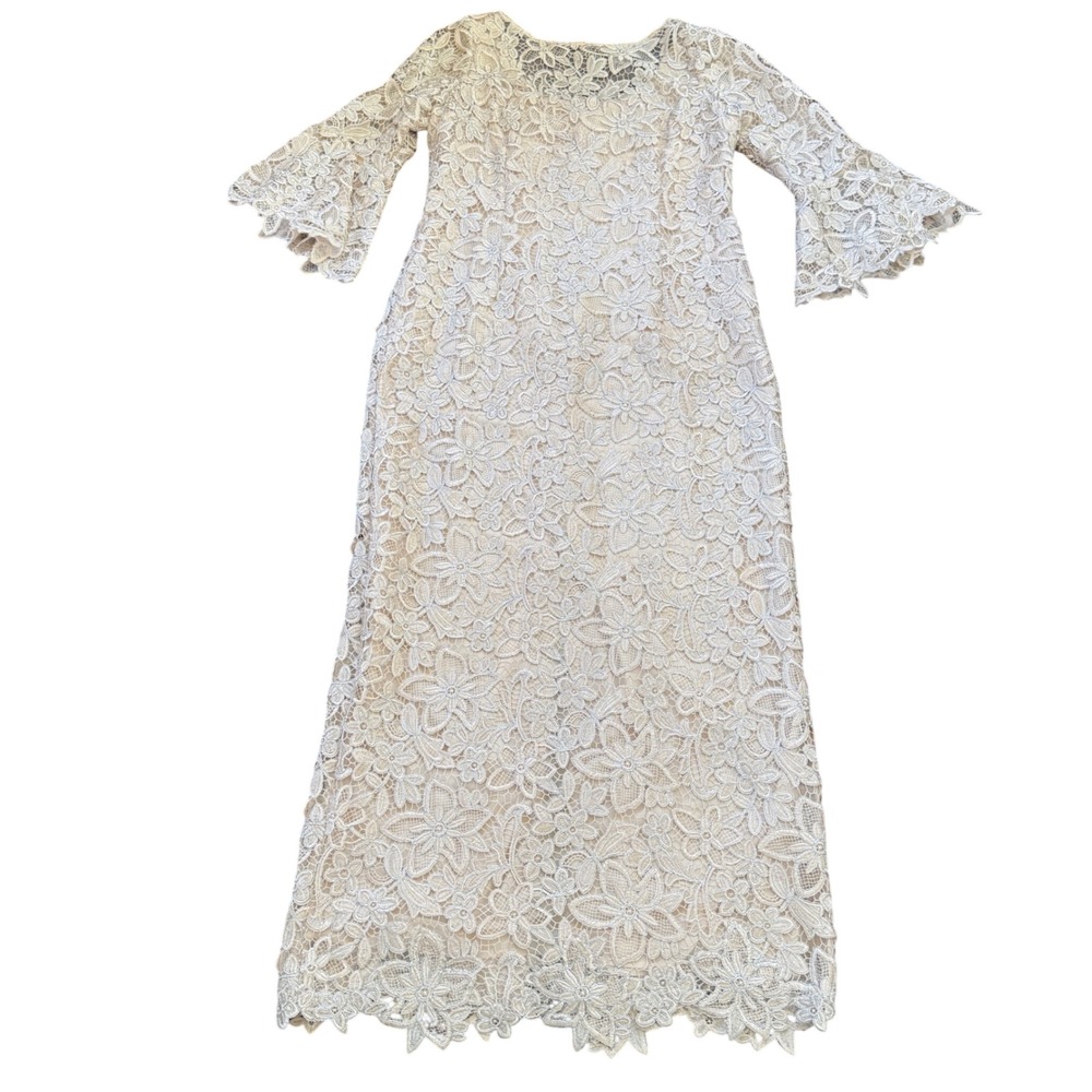 Teri Jon Beige Lace Formal Gown Dress Sz 14 Floral Mother Bride Maxi Evening